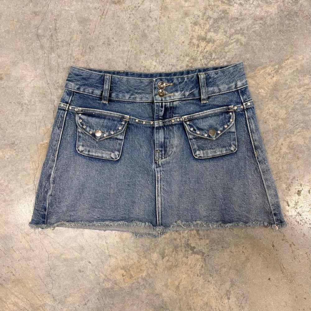 Social Collision Y2K Grunge Studded Denim Mini Skirt Skull Cross Embroidered XS